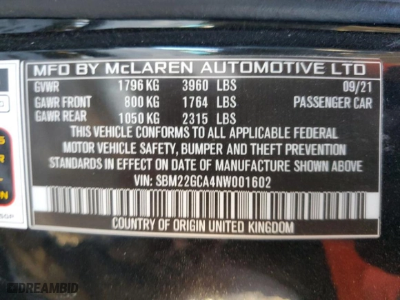 2022 McLaren GT with VIN SBM22GCA4NW001602, listed as a Copart auction lot 83270334 with 33,668 mi miles and Clean Title. Bid and sale history available at carsss.com. Image 12.
