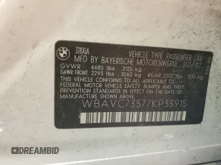 2007 BMW 3 Series 328xi with VIN WBAVC73577KP33915, listed as a Copart auction lot 53818485 with Not provided miles and Salvage title. Bid and sale history available at DreamBid. Image 12.