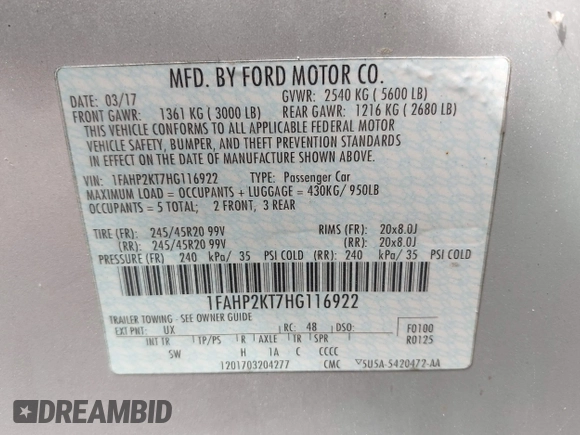 2017 Ford Taurus SHO with VIN 1FAHP2KT7HG116922, listed as a IAAI auction lot 42345084 with 117,247 mi miles and . Bid and sale history available at DreamBid. Image 9.