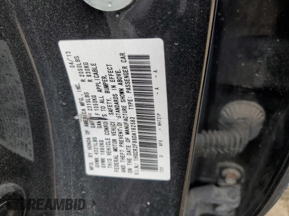 2013 Honda Accord Sdn EX-L with VIN 1HGCR2F86DA162583, listed as a Copart auction lot 41452865 with Not Provided miles and Non Repairable. Bid and sale history available at carsss.com. Image 12.