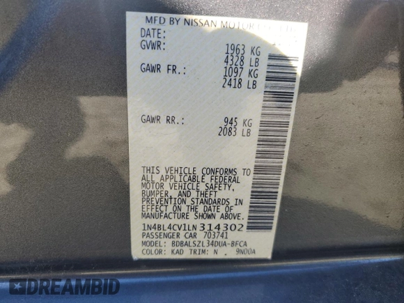 2020 Nissan Altima 2.5 SR with VIN 1N4BL4CV1LN314302, listed as a Copart auction lot 86242004 with 74,938 mi miles and Salvage Title. Bid and sale history available at carsss.com. Image 14.