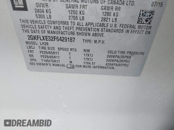 2015 GMC Terrain SLT with VIN 2GKFLXE32F6429187, listed as a IAAI auction lot 41697367 with 106,844 mi miles and . Bid and sale history available at carsss.com. Image 9.