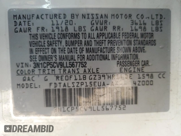 2020 Nissan Kicks SV with VIN 3N1CP5CV9LL567752, listed as a Copart auction lot 42450055 with 78,040 mi miles and Salvage Title. Bid and sale history available at DreamBid. Image 14.