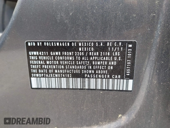 2012 Volkswagen Jetta SE с VIN 3VWDP7AJXCM074182, выставлен на аукционе IAAI как лот 42452135 с пробегом 168 974 миль миль и . История ставок и продаж доступна на DreamBid. Изображение 9.