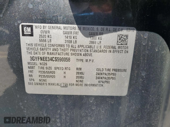 2012 Cadillac SRX Performance Collection with VIN 3GYFNEE34CS590058, listed as a Copart auction lot 54548545 with 122,070 mi miles and Salvage Title. Bid and sale history available at carsss.com. Image 14.