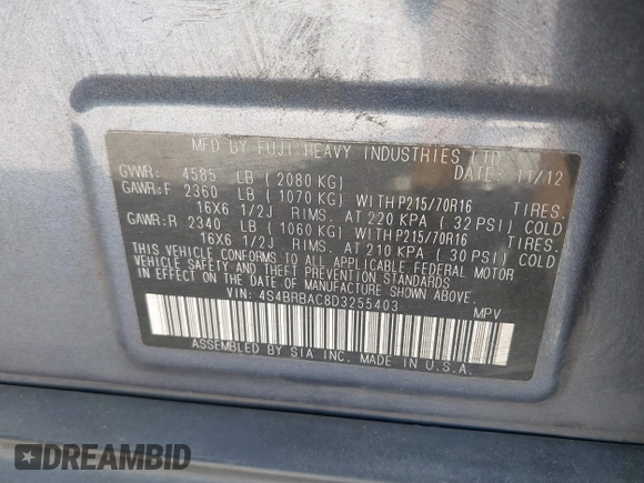 2013 Subaru Outback 2.5i with VIN 4S4BRBAC8D3255403, listed as a IAAI auction lot 41944789 with 163,903 mi miles. Bid and sale history available at carsss.com. Image 9.
