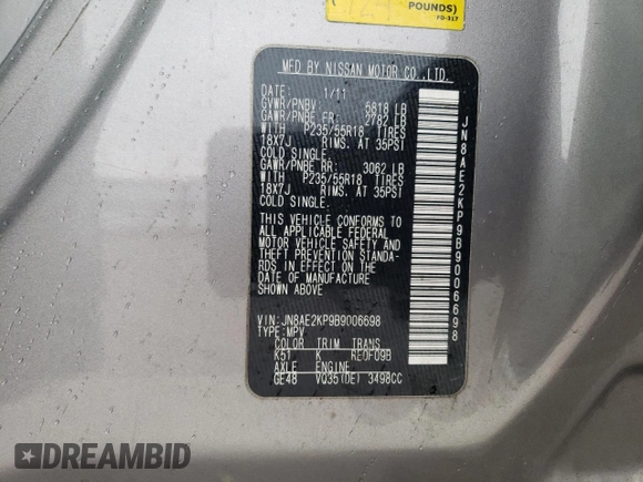2011 Nissan Quest SL z VIN JN8AE2KP9B9006698, wystawiony jako Copart lot #45771245 z przebiegiem 158 486 mil mil oraz Szkoda całkowita • Salvage title. Historia ofert i sprzedaży dostępna na DreamBid. Obrazek 16.