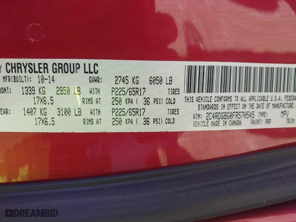 2015 Dodge Grand Caravan SXT Premium Plus with VIN 2C4RDGBG0FR570545, listed as a IAAI auction lot 41866803 with 217,259 mi miles. Bid and sale history available at carsss.com. Image 9.