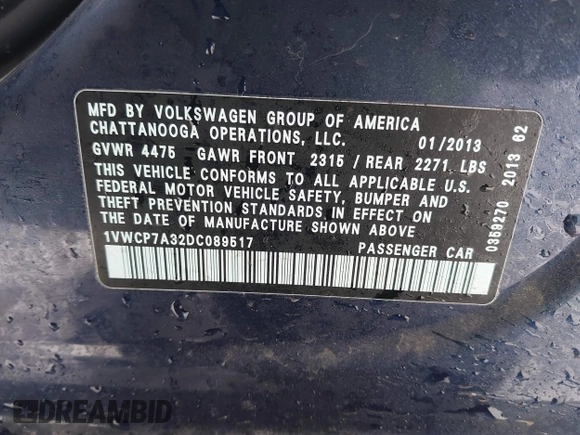 2013 Volkswagen Passat SEL Premium z VIN 1VWCP7A32DC089517, wystawiony jako IAAI lot #41546511 z przebiegiem 149 067 mil mil oraz . Historia ofert i sprzedaży dostępna na DreamBid. Obrazek 9.