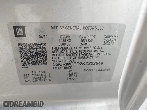 2019 Chevrolet Silverado 1500 LT with VIN 1GCRWCED2KZ322849, listed as a IAAI auction lot 41775145 with 11,685 mi miles and . Bid and sale history available at DreamBid. Image 9.