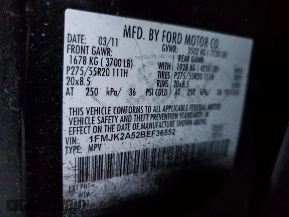 2011 Ford Expedition Max Limited with VIN 1FMJK2A52BEF36552, listed as a Copart auction lot 81307354 with 189,927 mi miles and Salvage title. Bid and sale history available at DreamBid. Image 14.