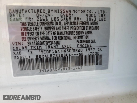 2024 Nissan Sentra SR with VIN 3N1AB8DV7RY341467, listed as a Copart auction lot 43275875 with 9,577 mi miles and Salvage title. Bid and sale history available at DreamBid. Image 13.