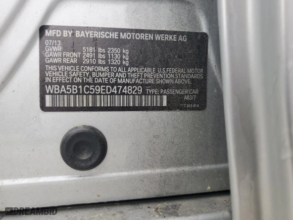 2014 BMW 5 Series 535i with VIN WBA5B1C59ED474829, listed as a Copart auction lot 54089485 with 202,433 mi miles and Clean Title. Bid and sale history available at carsss.com. Image 12.
