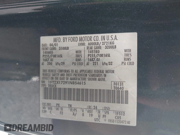 2001 Ford F-150 XL with VIN 1FTZX17291NB54615, listed as a IAAI auction lot 42661176 with 265,836 mi miles and . Bid and sale history available at DreamBid. Image 9.