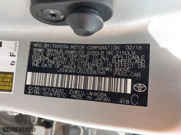 2016 Toyota Prius Four with VIN JTDKARFU5G3008768, listed as a IAAI auction lot 42125504 with 164,229 mi miles. Bid and sale history available at carsss.com. Image 9.