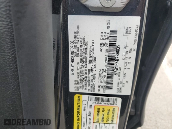 2015 Ford Fusion SE with VIN 3FA6P0H74FR280835, listed as a Copart auction lot 54565035 with 173,175 mi miles and Salvage title. Bid and sale history available at DreamBid. Image 12.
