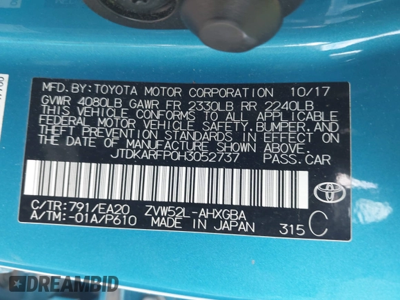 2017 Toyota Prius Plus with VIN JTDKARFP0H3052737, listed as a IAAI auction lot 42039680 with 117,593 mi miles and . Bid and sale history available at DreamBid. Image 9.