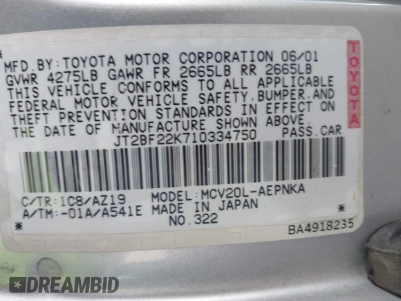 2001 Toyota Camry LE z VIN JT2BF22K710334750, wystawiony jako IAAI lot #42422525 z przebiegiem 273 999 mil mil oraz . Historia ofert i sprzedaży dostępna na DreamBid. Obrazek 8.