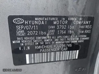 2012 Hyundai Elantra GLS with VIN KMHDH4AEXCU296746, listed as a IAAI auction lot 42022027 with 186,138 mi miles. Bid and sale history available at carsss.com. Image 9.