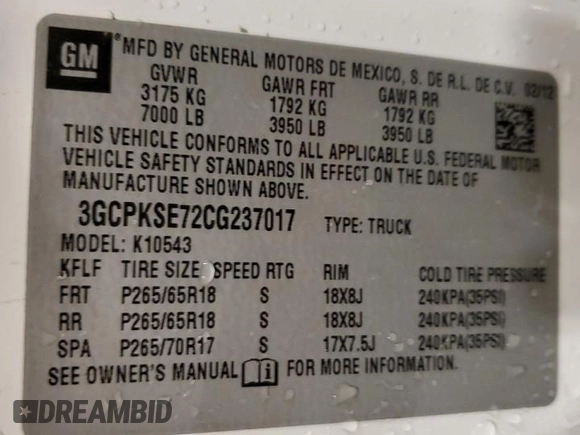 2012 Chevrolet Silverado 1500 LT with VIN 3GCPKSE72CG237017, listed as a Copart auction lot 49901985 with 236,101 mi miles and Salvage Title. Bid and sale history available at DreamBid. Image 12.