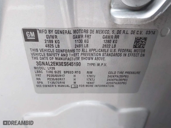 2014 Chevrolet Captiva Sport Fleet LS with VIN 3GNAL2EK9ES645190, listed as a IAAI auction lot 41960417 with 126,643 mi miles. Bid and sale history available at carsss.com. Image 9.