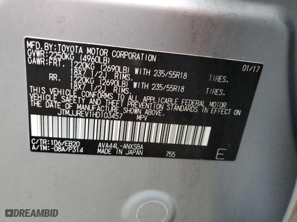 2017 Toyota RAV4 Hybrid SE with VIN JTMJJREV1HD103457, listed as a Copart auction lot 71501122 with 43,274 mi miles. Bid and sale history available at carsss.com. Image 12.