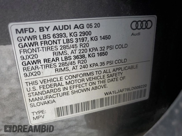 2020 Audi Q7 Premium Plus with VIN WA1LJAF78LD009220, listed as a Copart auction lot 64813815 with 47,200 mi miles and Salvage title. Bid and sale history available at DreamBid. Image 14.