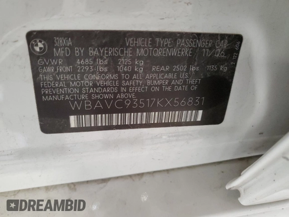 2007 BMW 3 Series 328xi z VIN WBAVC93517KX56831, wystawiony jako Copart lot #54937815 z przebiegiem 232 405 mil mil oraz Szkoda całkowita • Salvage title. Historia ofert i sprzedaży dostępna na DreamBid. Obrazek 12.