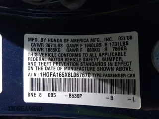 2008 Honda Civic LX with VIN 1HGFA165X8L067670, listed as a IAAI auction lot 42208641 with 188,328 mi miles and . Bid and sale history available at DreamBid. Image 9.