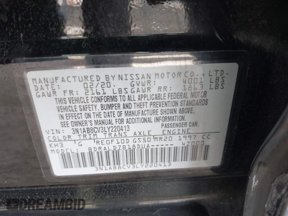 2020 Nissan Sentra SV z VIN 3N1AB8CV3LY220413, wystawiony jako IAAI lot #42128525 z przebiegiem 33 314 mil mil oraz . Historia ofert i sprzedaży dostępna na DreamBid. Obrazek 9.