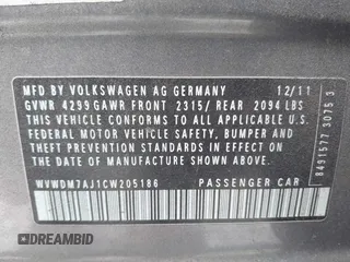 2012 Volkswagen Golf TDI with VIN WVWDM7AJ1CW205186, listed as a IAAI auction lot 41468253 with 150,991 mi miles and . Bid and sale history available at DreamBid. Image 9.