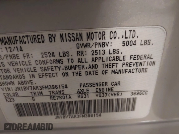 2015 Infiniti Q50 Premium with VIN JN1BV7AR3FM396154, listed as a IAAI auction lot 41978988 with 110,109 mi miles. Bid and sale history available at carsss.com. Image 9.