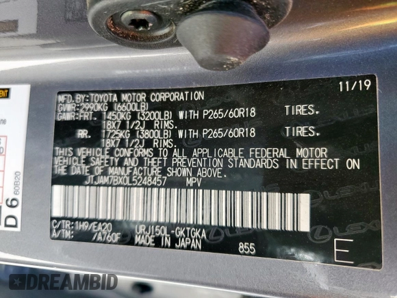 2020 Lexus GX 460 Premium z VIN JTJAM7BX0L5248457, wystawiony jako Copart lot #59800475 z przebiegiem 48 431 mil mil oraz Szkoda całkowita • Salvage title. Historia ofert i sprzedaży dostępna na DreamBid. Obrazek 13.
