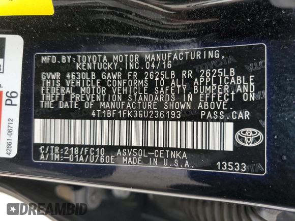 2016 Toyota Camry XLE with VIN 4T1BF1FK3GU236193, listed as a Copart auction lot 54984755 with 232,823 mi miles and Clean Title. Bid and sale history available at carsss.com. Image 12.