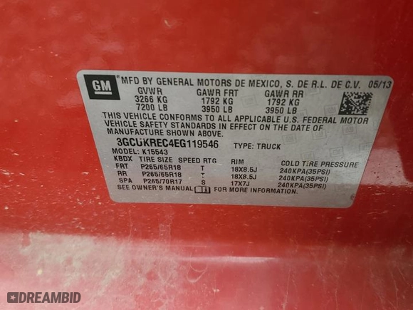 2014 Chevrolet Silverado 1500 LT with VIN 3GCUKREC4EG119546, listed as a Copart auction lot 51154615 with 196,117 mi miles and Salvage Title. Bid and sale history available at carsss.com. Image 12.