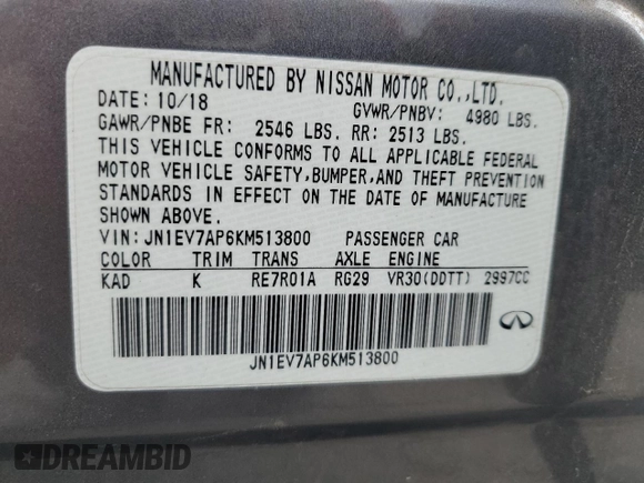 2019 Infiniti Q50 Luxe z VIN JN1EV7AP6KM513800, wystawiony jako Copart lot #51117555 z przebiegiem 92 337 mil mil oraz Szkody całkowita. Historia ofert i sprzedaży dostępna na DreamBid. Obrazek 13.