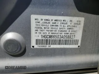 2003 Honda Accord EX z VIN 1HGCM66503A058827, wystawiony jako Copart lot #57183375 z przebiegiem 188 782 mil mil oraz Czysty tytuł • Clean title. Historia ofert i sprzedaży dostępna na DreamBid. Obrazek 12.