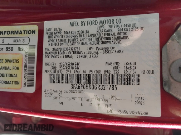 2016 Ford Fusion SE with VIN 3FA6P0HD3GR321785, listed as a IAAI auction lot 41386347 with 124,201 mi miles. Bid and sale history available at carsss.com. Image 9.