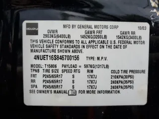 2004 Isuzu Ascender z VIN 4NUET16S846700156, wystawiony jako Copart lot #72399924 z przebiegiem 162 569 mil mil oraz Szkody całkowita. Historia ofert i sprzedaży dostępna na DreamBid. Obrazek 14.