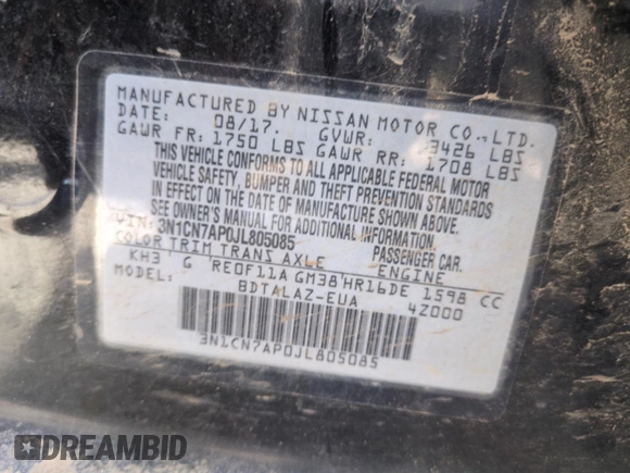 2018 Nissan Versa Sedan SV with VIN 3N1CN7AP0JL805085, listed as a Copart auction lot 52018515 with 72,949 mi miles and Salvage Title. Bid and sale history available at carsss.com. Image 12.