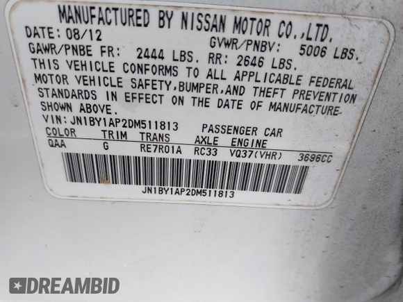 2013 Infiniti M with VIN JN1BY1AP2DM511813, listed as a IAAI auction lot 41577968 with 191,608 mi miles and . Bid and sale history available at DreamBid. Image 9.