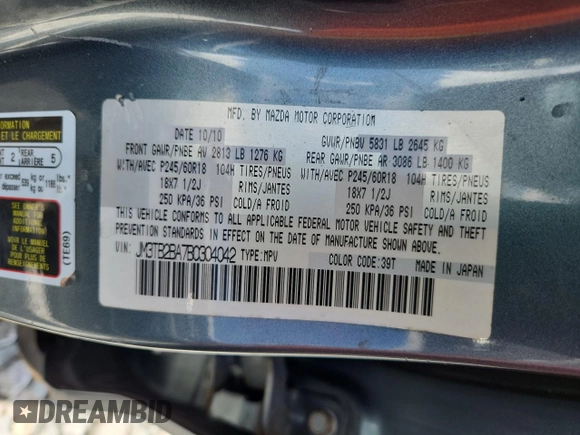2011 Mazda CX-9 Sport with VIN JM3TB2BA7B0304042, listed as a Copart auction lot 60509085 with 169,223 mi miles and Non repairable. Bid and sale history available at DreamBid. Image 13.
