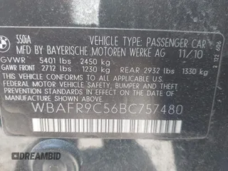 2011 BMW 5 Series 550i with VIN WBAFR9C56BC757480, listed as a IAAI auction lot 42505621 with 151,654 mi miles and . Bid and sale history available at DreamBid. Image 9.