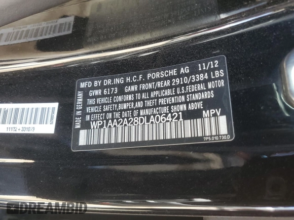2013 Porsche Cayenne with VIN WP1AA2A28DLA06421, listed as a Copart auction lot 60494365 with 148,734 mi miles and Salvage title. Bid and sale history available at DreamBid. Image 13.