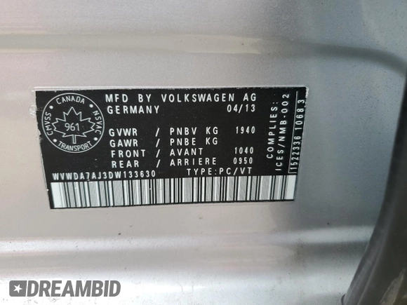 2013 Volkswagen Golf с VIN WVWDA7AJ3DW133630, выставлен на аукционе Copart как лот 54122125 с пробегом 102 563 миль миль и Списание • Salvage title. История ставок и продаж доступна на DreamBid. Изображение 12.
