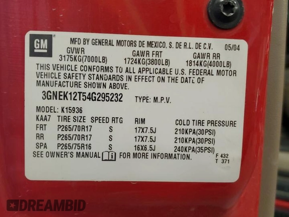 2004 Chevrolet Avalanche Z71 with VIN 3GNEK12T54G295232, listed as a Copart auction lot 59736585 with 210,874 mi miles and Salvage title. Bid and sale history available at DreamBid. Image 12.