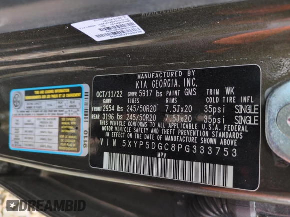 2023 Kia Telluride SX X-Line with VIN 5XYP5DGC8PG333753, listed as a Copart auction lot 50998465 with 13,522 mi miles and Salvage title. Bid and sale history available at DreamBid. Image 13.