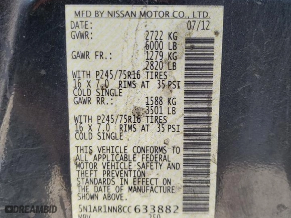 2012 Nissan Pathfinder LE with VIN 5N1AR1NN8CC633882, listed as a Copart auction lot 85560354 with 244,081 mi miles and Salvage Title. Bid and sale history available at carsss.com. Image 14.