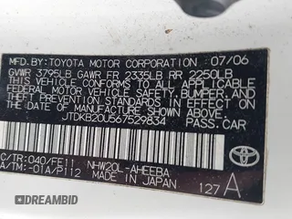 2006 Toyota Prius with VIN JTDKB20U567529834, listed as a IAAI auction lot 42119723 with 209,638 mi miles. Bid and sale history available at carsss.com. Image 9.