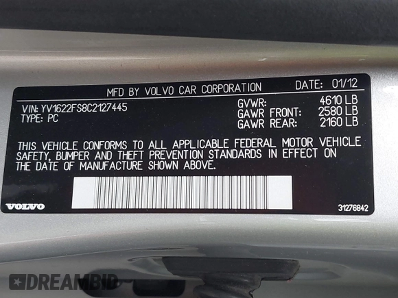 2012 Volvo S60 T5 with VIN YV1622FS8C2127445, listed as a IAAI auction lot 42408477 with 166,124 mi miles and . Bid and sale history available at DreamBid. Image 9.